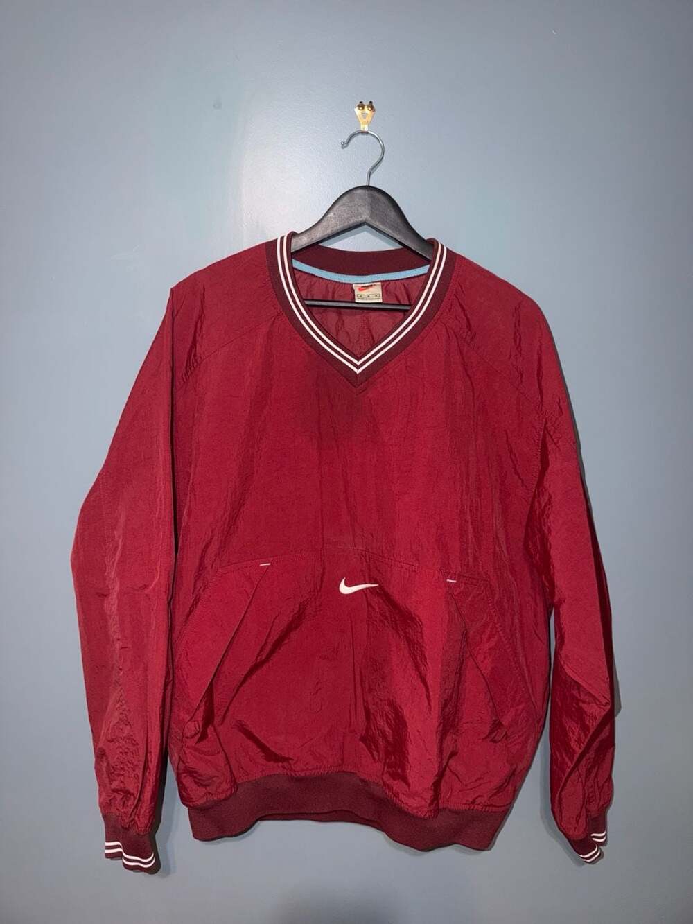 Vintage 90s Nike Crimson Red V-Neck Pullover Windbreaker Jacket Medium